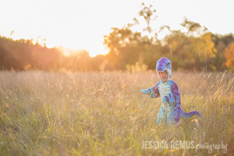boy in dinosaur costume in field